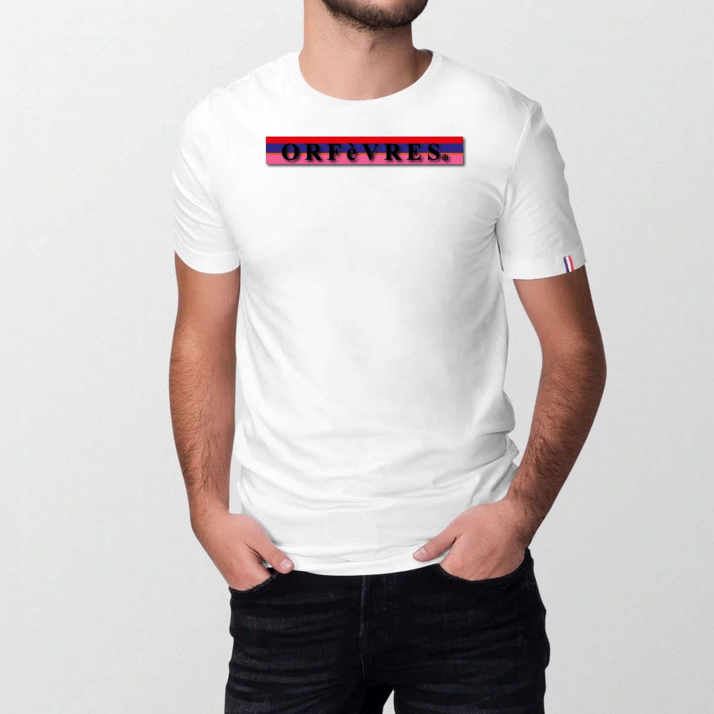 100% organic cotton T-shirt made in France Orfèvres Magenta Pink/Blue.