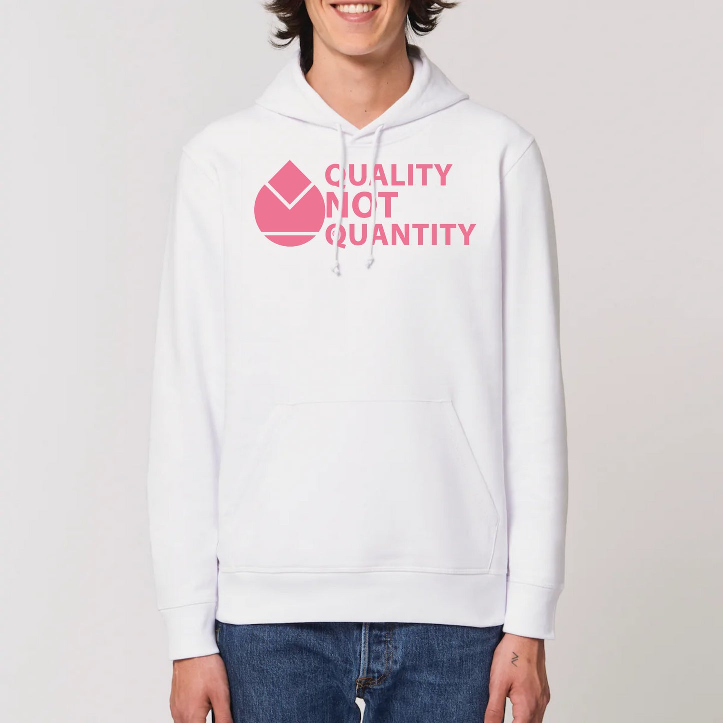 Sweat à capuche Unisexe Premium Orfèvres QUALITY NOT QUANTITY Rose.